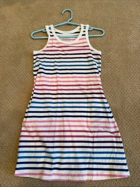 Kids Primary striped Tank Dress in Pink, Blue & Navy with pockets. Size 6-7